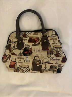Signage Stylish Parisian Patterned Satchel Bag - Beige & Brown